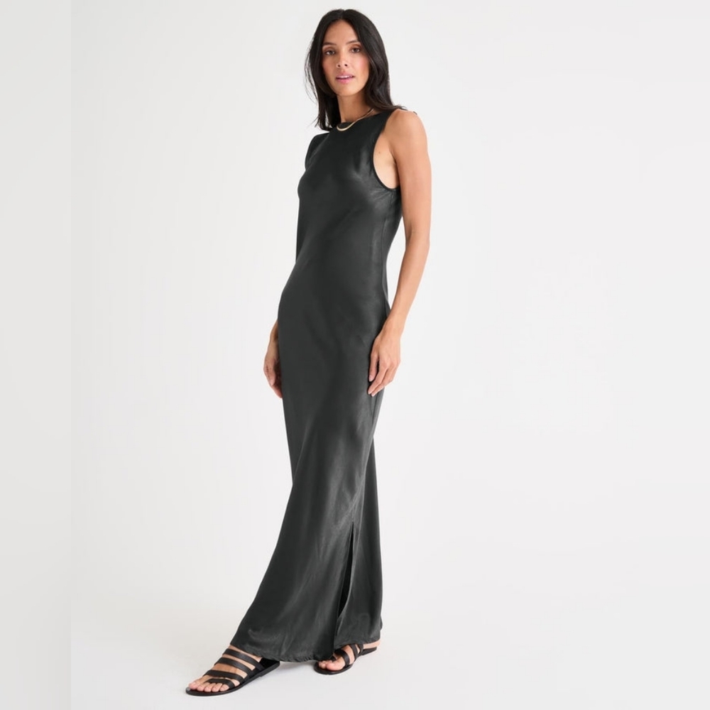 NWT Splendid X Rachelove Black Satin Open Back Boatneck Maxi Dress Size Small